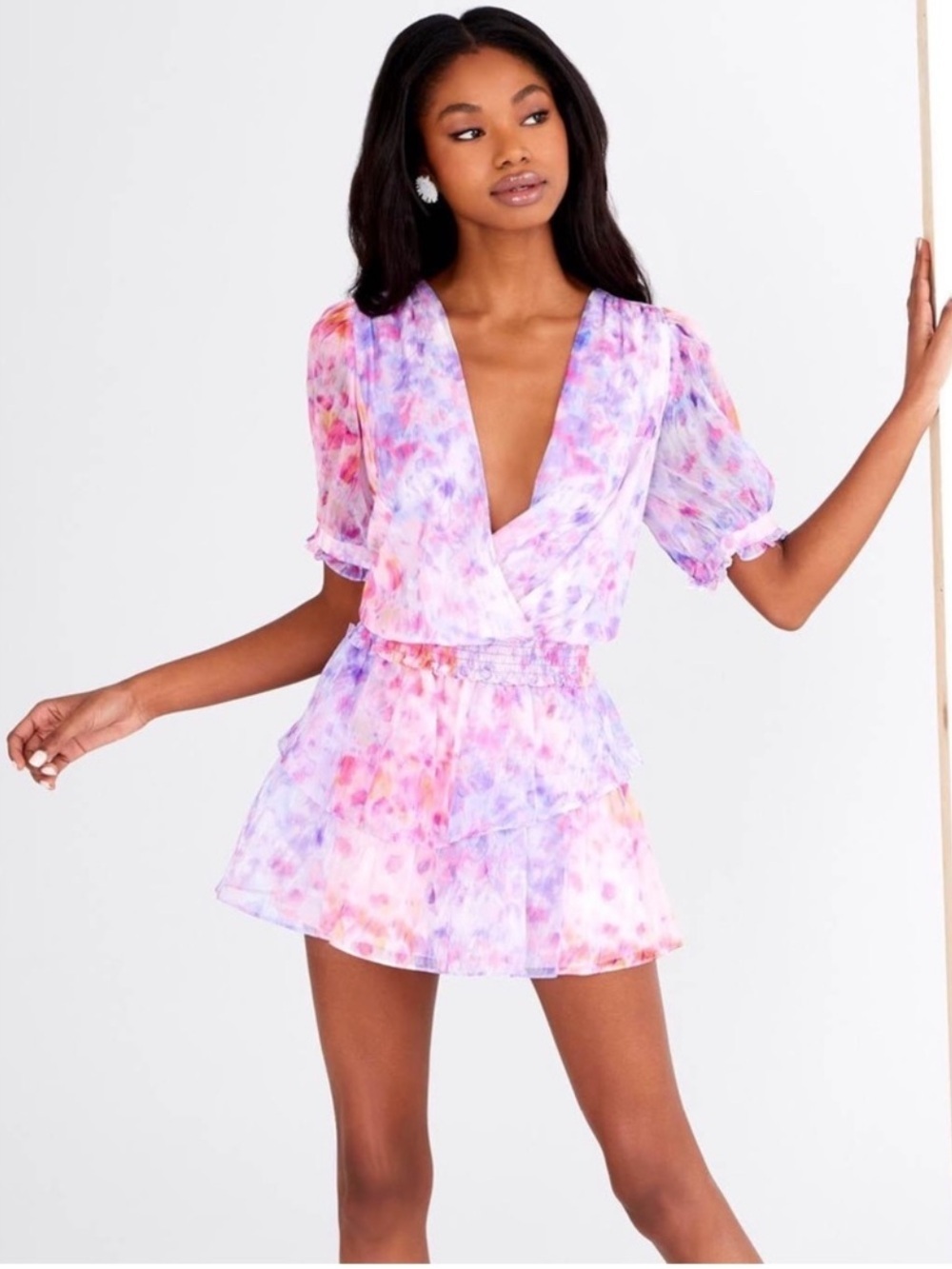 Amanda Uprichard Adriel Mini Dress Size M Cotton Candy Tie Dye Pink Ruffle Tiers